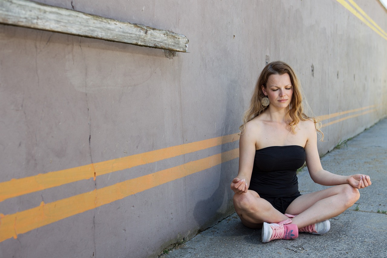 meditation, yoga, woman, blond, person, female, cross legged, nature, urban, strip, wall, closed eyes, relaxation, summer, pleasure